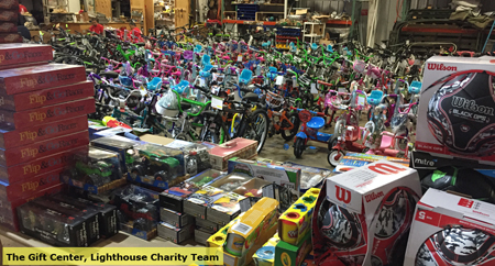 Bicycles and Toys everywhere at the Lighthouse Charity Team's facility in Galveston