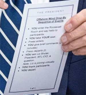 Biden cheat sheet that tells him what to say, when to sit, when to stand, etc.