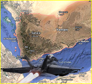 F/A-18 Hornet over map of Yemen