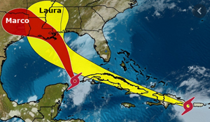 Graphic of possible hurricane tracks for Marco and Laura
