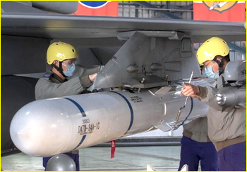 Taiwanese armed service personnel attach missile to aircraft wing